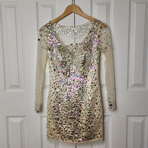 Off White Cream Shimmering Sequin Mini Length Gala Dress Size Small